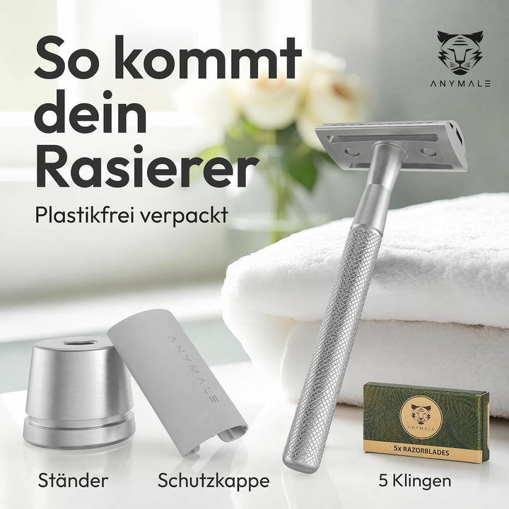 Rasierhobel Silver Edition - Set mit Ständer und 5 ASTRA Klingen - Zero Waste Rasierer aus Metall 4.