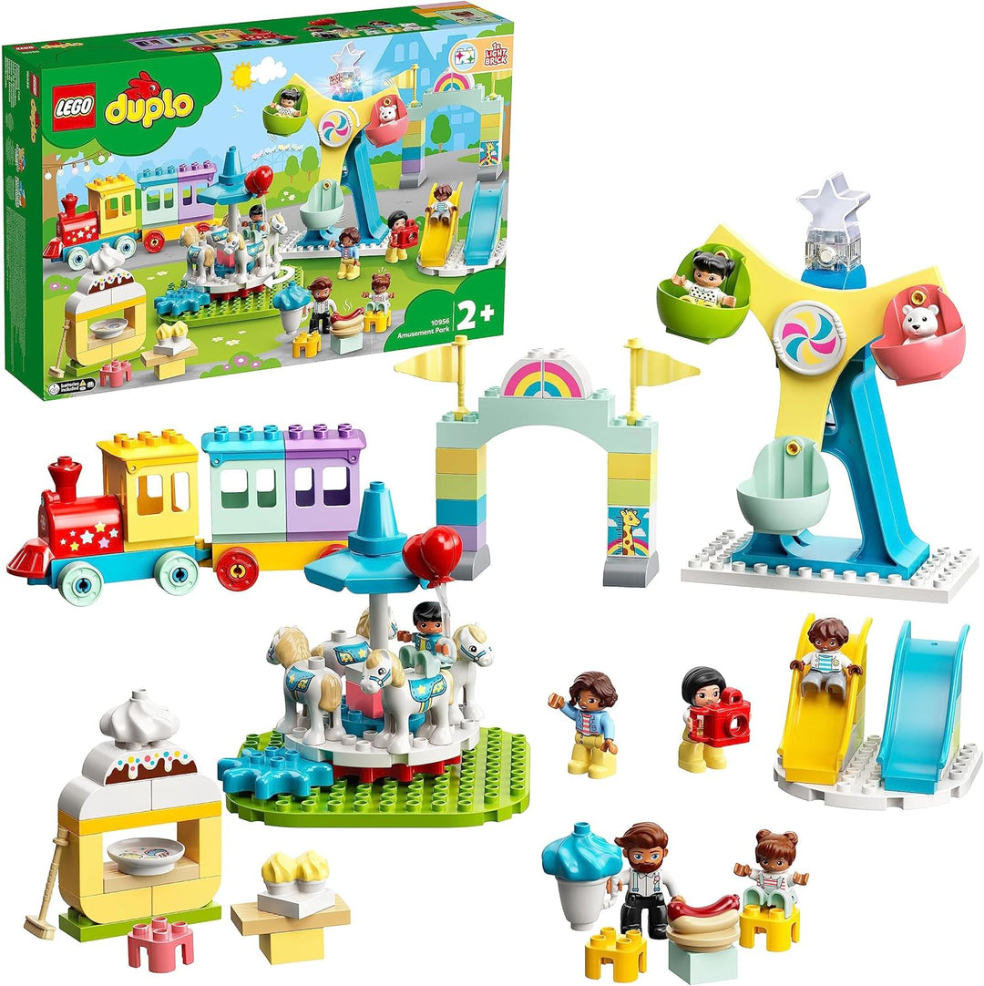 LEGO 10956 DUPLO Erlebnispark, Kinderspielzeug ab 2 Jahre mit Jahrmarkt und Zug für Mädchen und Jung