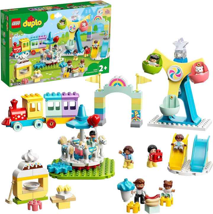 LEGO 10956 DUPLO Erlebnispark, Kinderspielzeug ab 2 Jahre mit Jahrmarkt und Zug für Mädchen und Jung