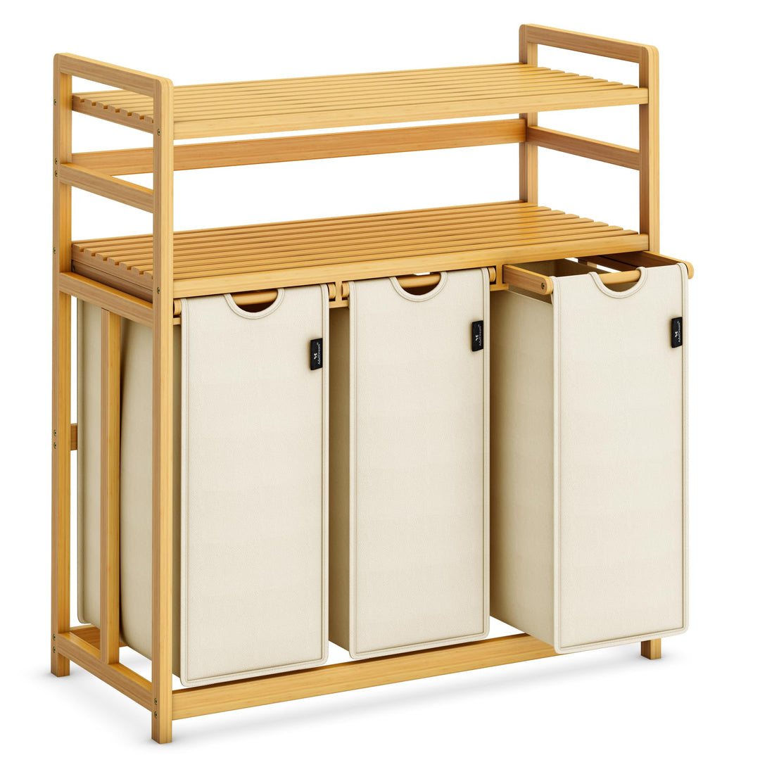 AdelDream Wäschekorb 150L, 3 Fächer Wäschesammler, 2 Ablagen, Bambus | Wäschesortierer 3 x 50L, ausz