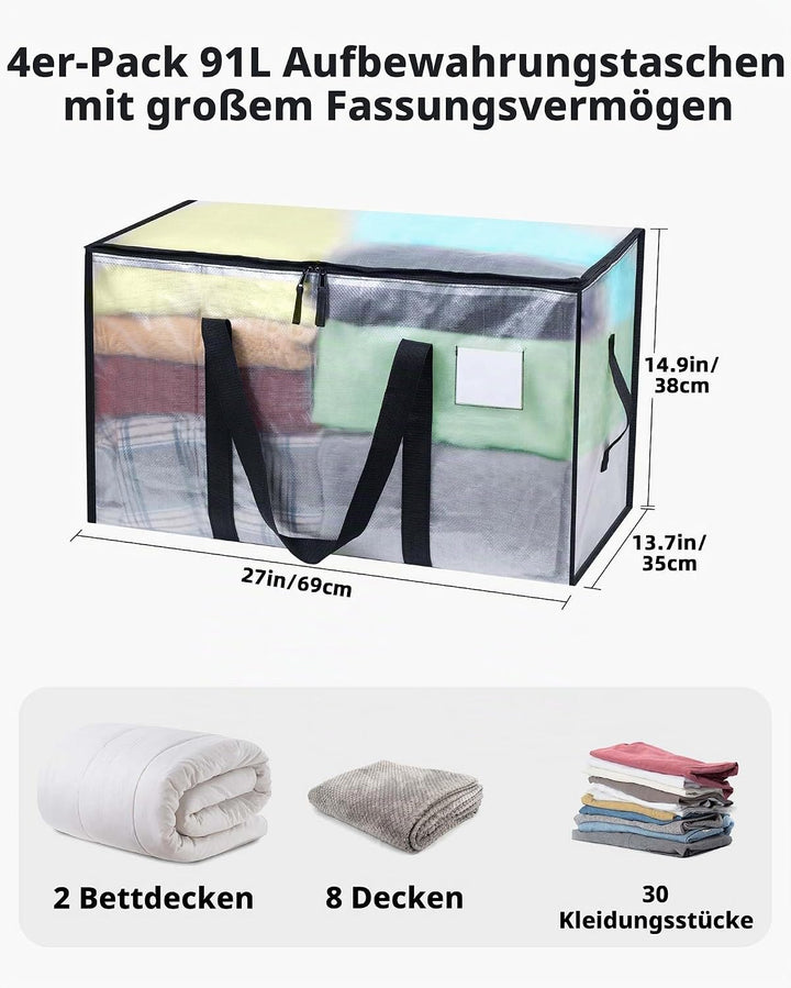 6 Stück 90L Aufbewahrungstasche, Grosse Transparente Umzugstaschen mit Reissverschluss Griff Faltbar