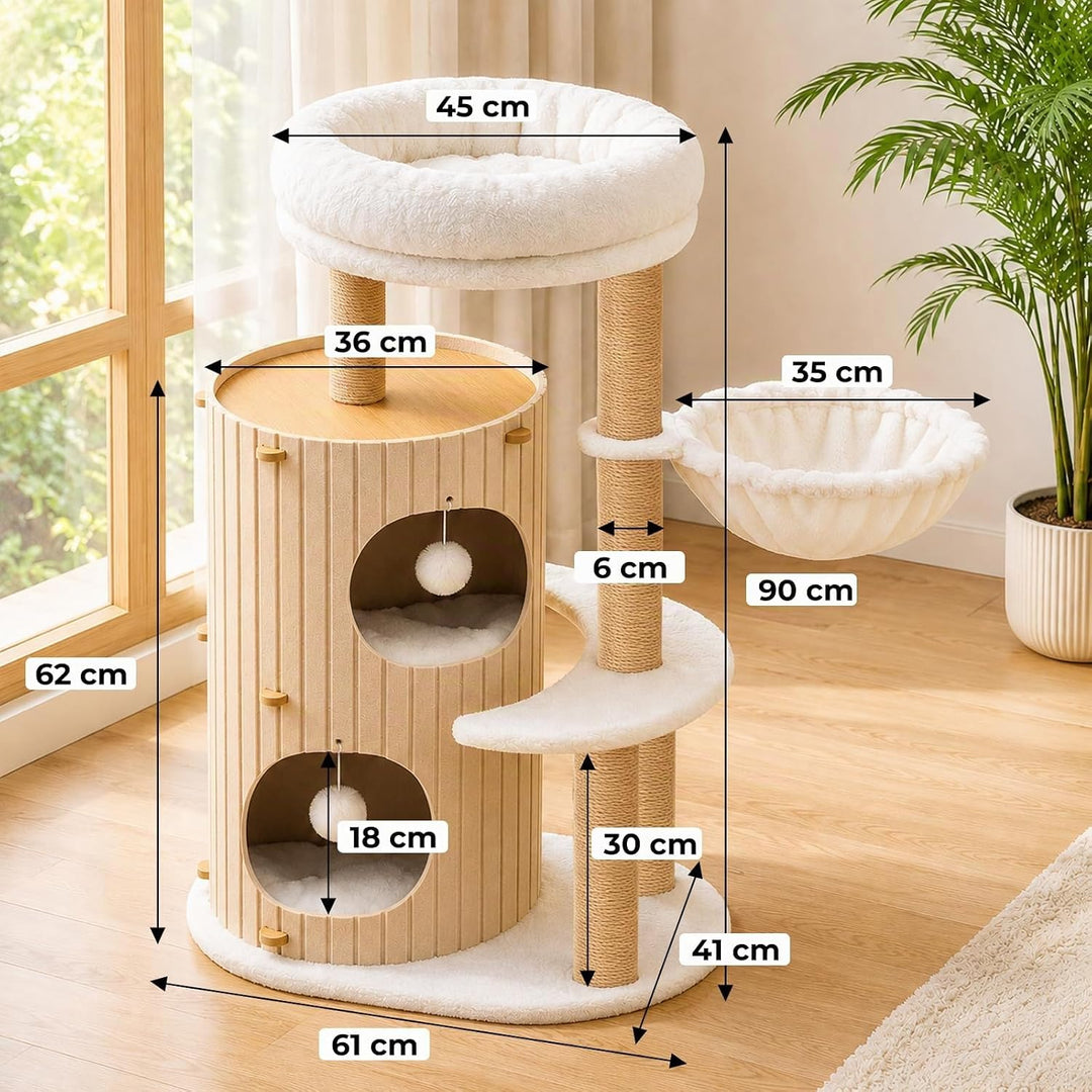 Premium kratzbaum mit 2er Kratztonne, Katzenbaum＆Grosse Plattformen | Sisalstämme, Kratzrampe, Katze