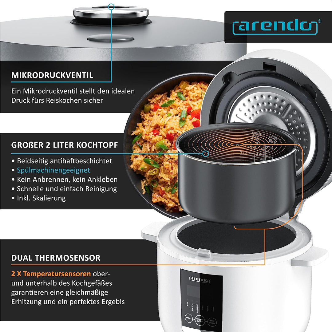 Arendo - Reiskocher - Muktikocher - Dampfgarer - 2l - Warmhaltefunktion - antihaftbeschichteter Gart