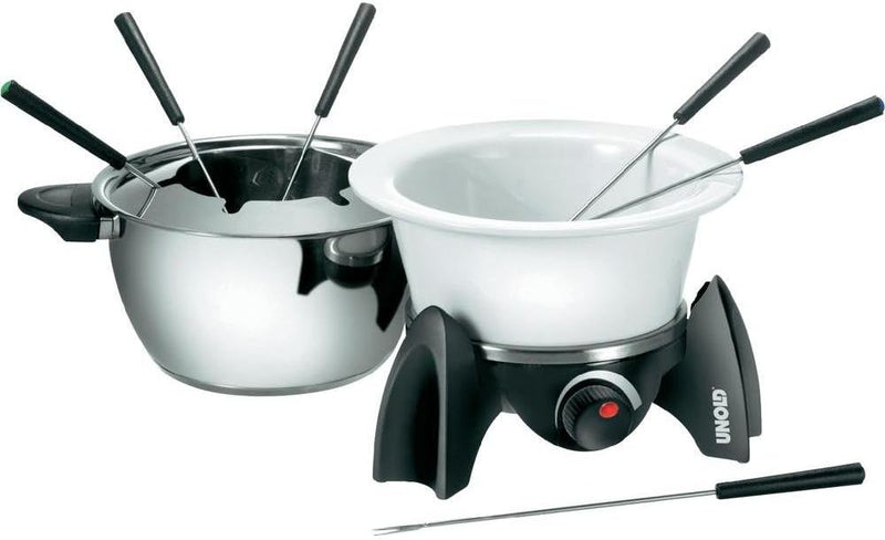 UNOLD Fondue-SET, Wechseltopf (Edelstahl/Keramik), Zubehör, für 6 Personen, 48615, Schwarz, Silber