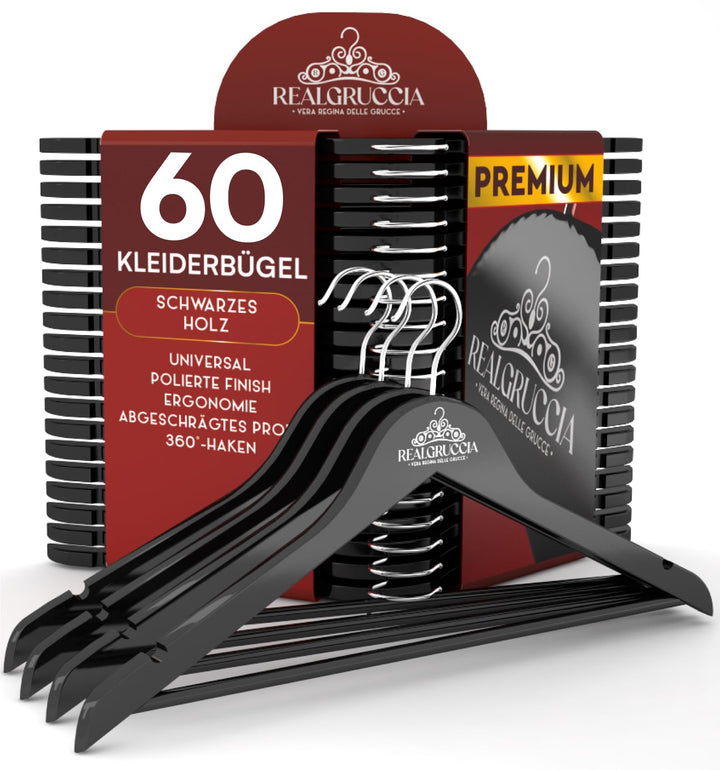 60 Kleiderbügel aus Holz Anti-Rutsch-Einkerbungen Holzbügel RealGruccia Farbe Schwarz Hosen und Hemd
