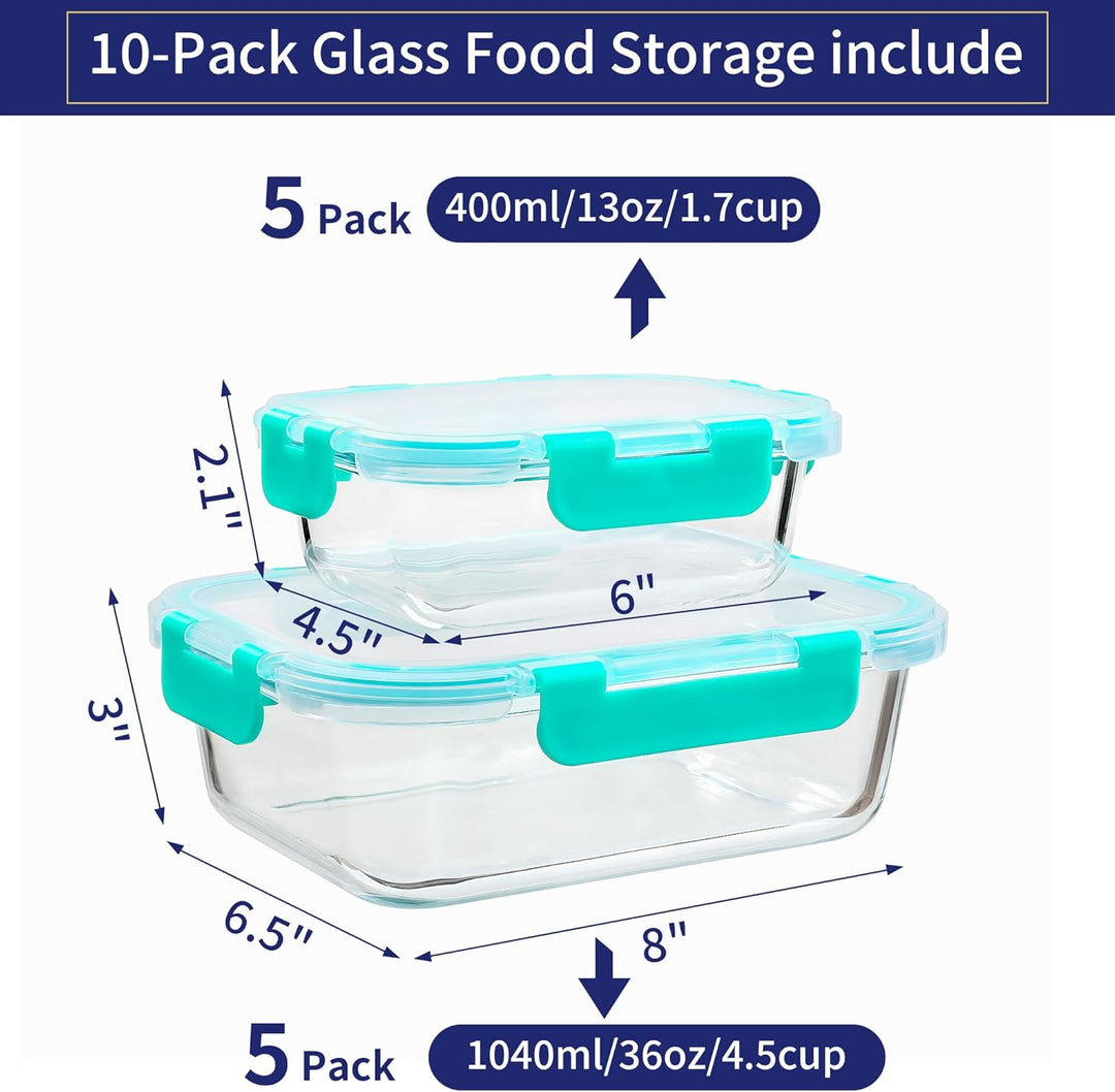 MFY 10er-Set (1040ml & 400ml) Glasbehälter mit Deckel Set, Meal Prep Boxen Glas Frischhaltedosen Gla