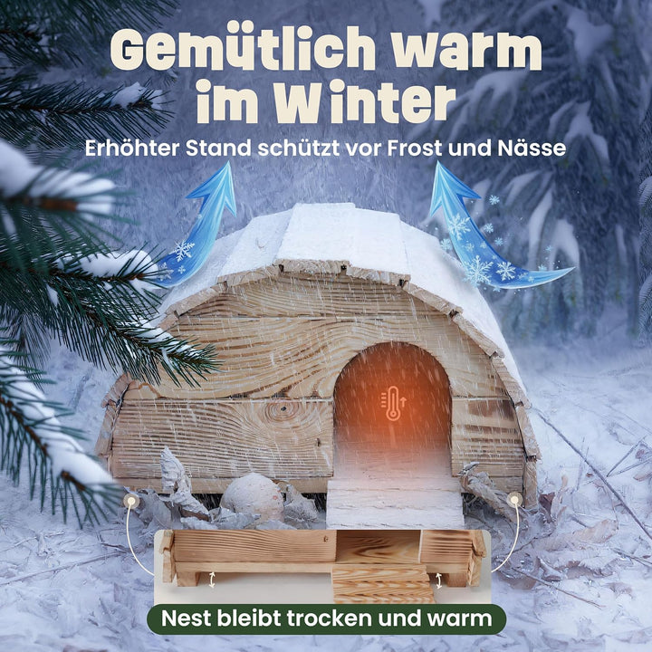 zooprinz Igelhaus aus Vollholz – winterfest & wetterfest, mit Bodenplatte – Labyrinth-Eingang gegen