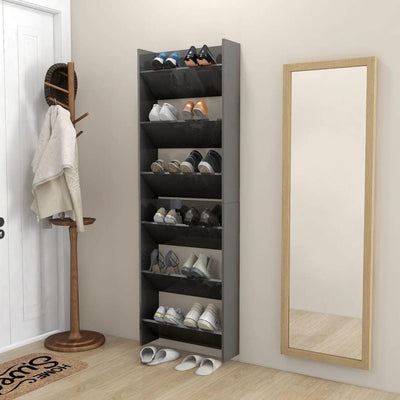 homiuse 2 Stück Wand Schuhschrank 60x18x90 cm mit 3 Kippböden Schuhregal Hochglanz Grau Wandbefestig