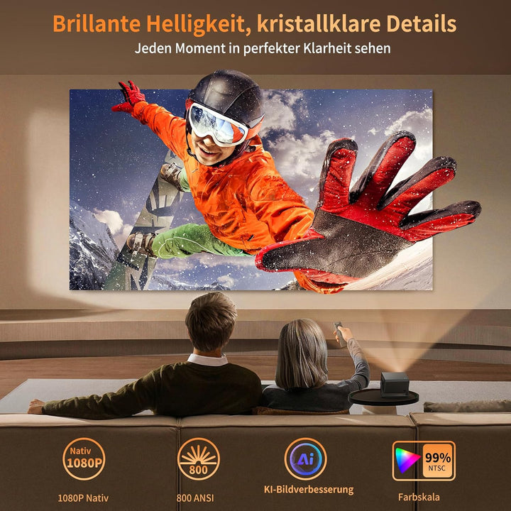 Heimkino Beamer, 4K Unterstützt, 1080P Full HD Beamer mit 28000 Lumen, WiFi 6 & Bluetooth 5.4, kompa