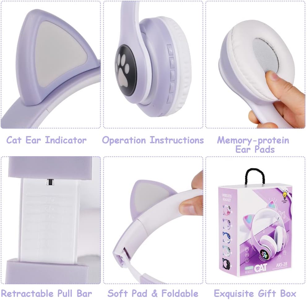 AXFEE Kinderkopfhörer Bluetooth, Katzenohr Over-Ear mit LED-Licht, Faltbar, Stereo, Kabellos mit Mik