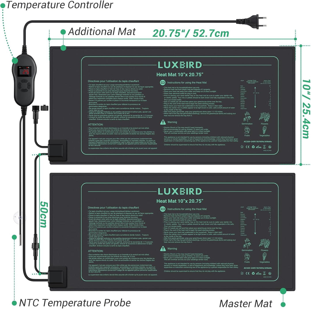Luxbird Heizmatte mit Thermostat, 4 Heizmatten mit 1 Controller, Zimmergewächshaus Wärmematte 30 Wat