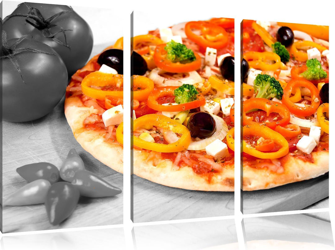 Pixxprint Pizza mit Oliven und Hirtenkäse als Leinwandbild/Grösse: 3 Teilig (120x80) cm/Wandbild/Kun