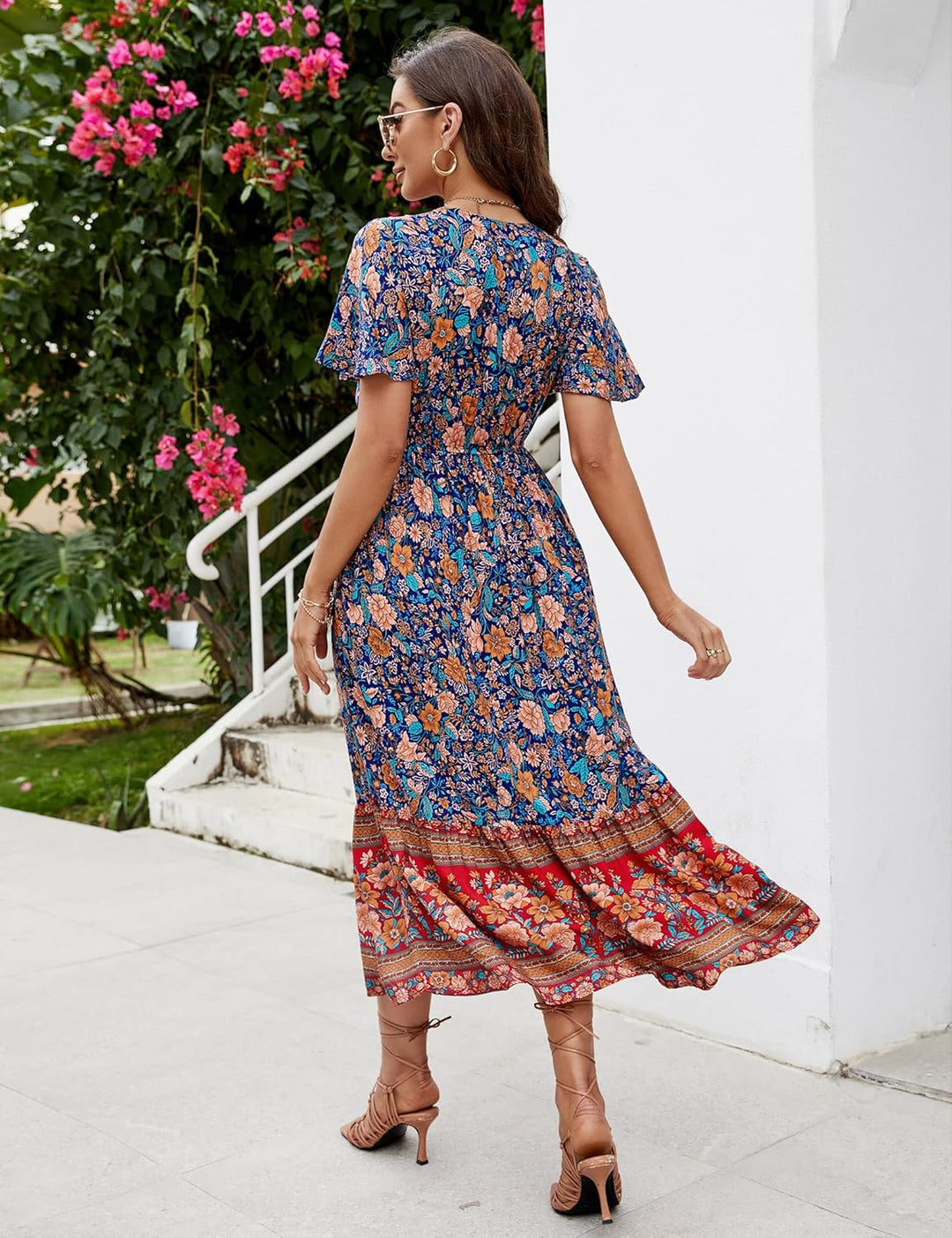 Clearlove Damen Sommerkleid Boho Kurzarm Midi Kleider V-Ausschnitt Strandkleid lang Blumenkleid Rüsc