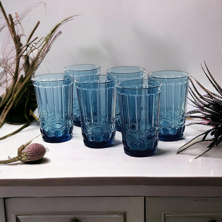 Vintage 6er-Set Farbige Weingläser und Trinkgläser mit Prägung Relief (Schleife, Blau, 400 ml) Weing