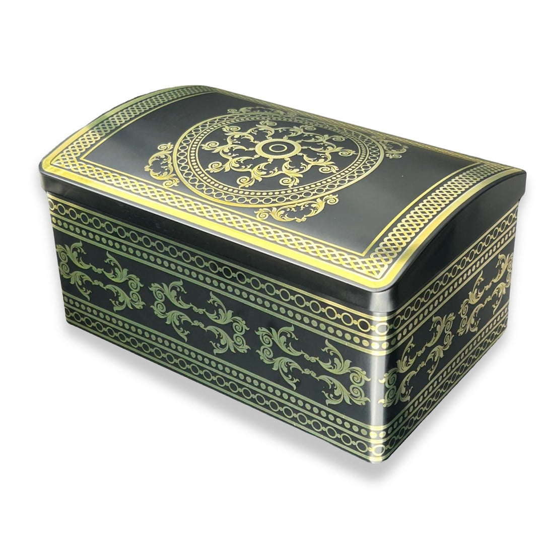 Grosse Ornament Truhe - schwarze Stollendose mit goldfarbenen Ornamenten - lebensmittelecht - Aufbew