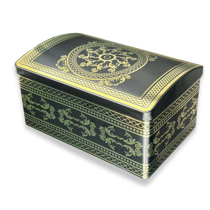 Grosse Ornament Truhe - schwarze Stollendose mit goldfarbenen Ornamenten - lebensmittelecht - Aufbew
