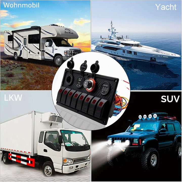 KAOLALI 12V/24V Schalter Panel Boot 8 Schaltern Kippschalter Panel Boote Zigarettenanzünder 12 V 3,1