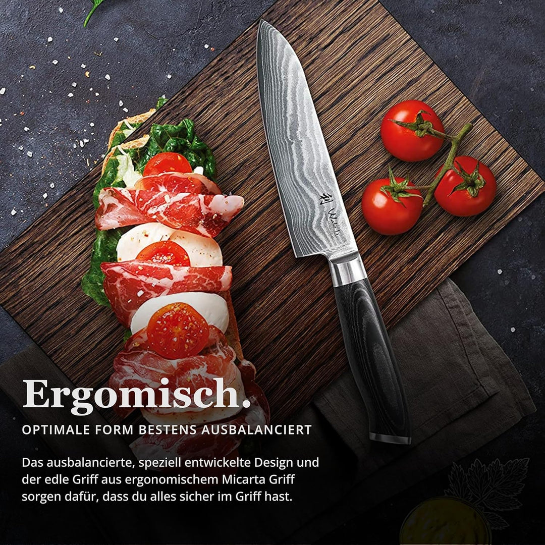 Wakoli Mikata Damastmesser Santoku16 cm Klinge extrem scharf aus 67 Lagen I Damast Küchenmesser und