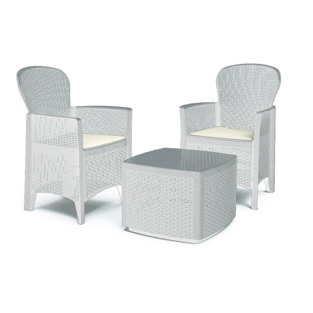 Gartenset mit Kissen, 2 Sesseln und 1 Outdoor-Container-Tisch, Made in Italy, weisse Farbe
