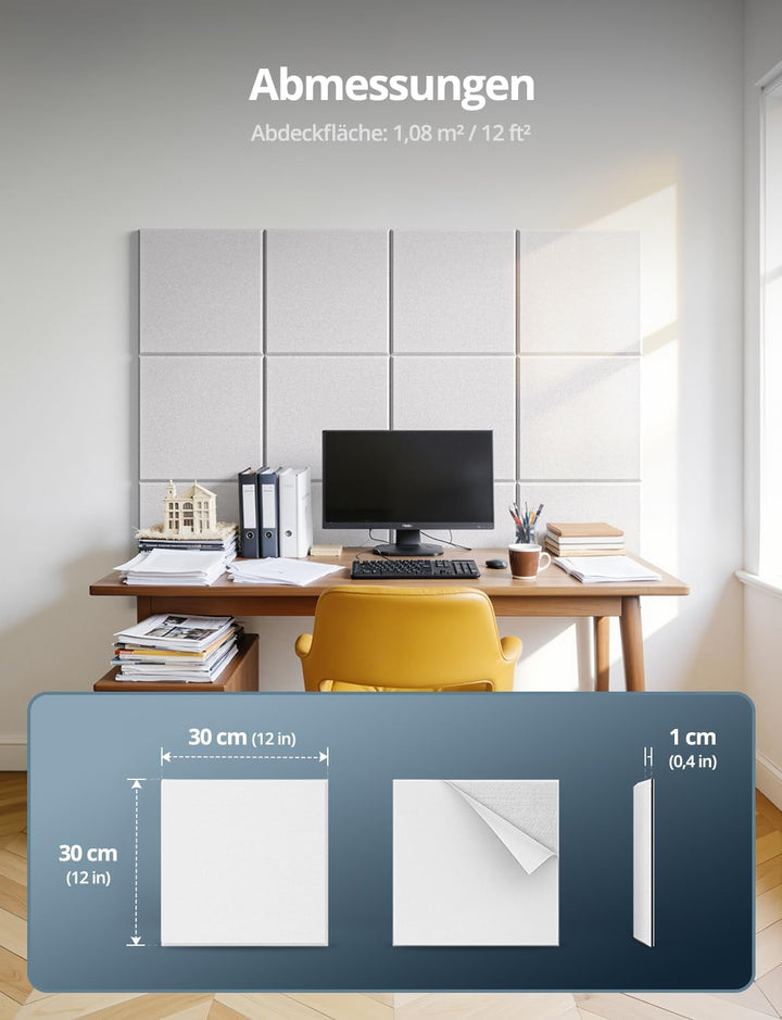 Kuchoow Quadrat Schallschutzplatten selbstklebend Schallschutz Schalldämmung Wand, 12 Stück 2-in-1 A