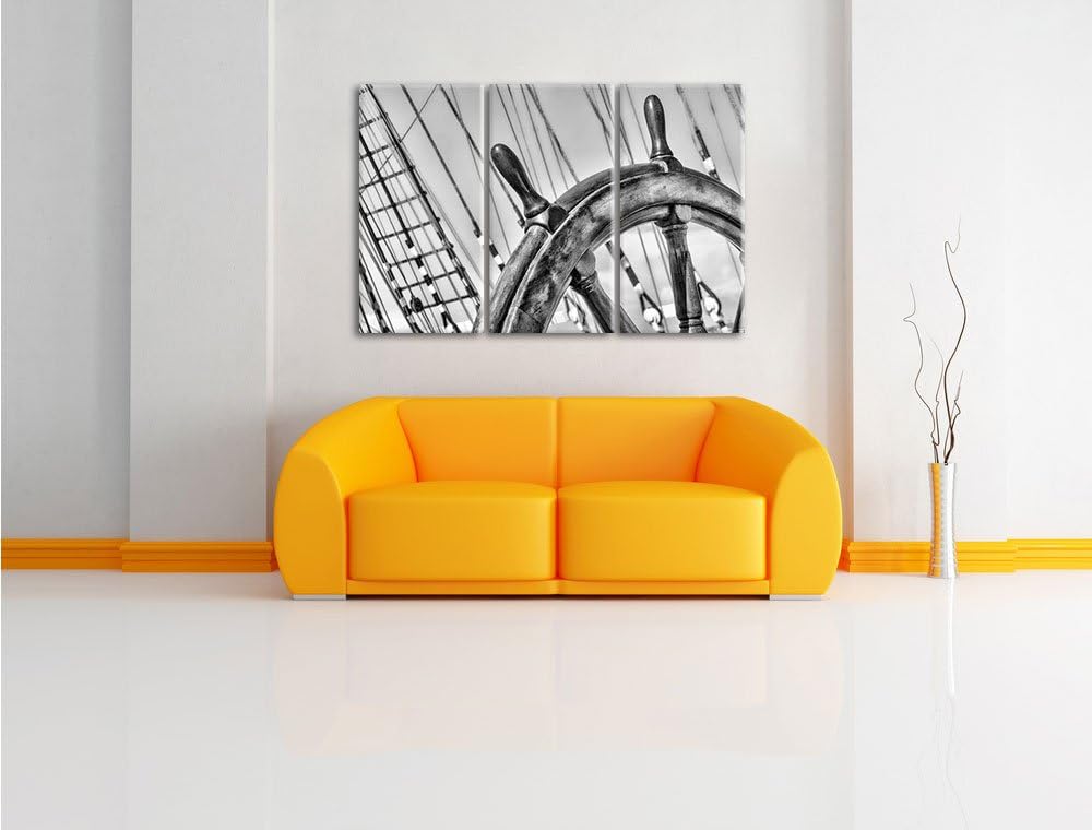 Pixxprint Steuerrad auf dem Schiff 3Teiler 120x80 cm Leinwandbild Wandbild Kunstdruck