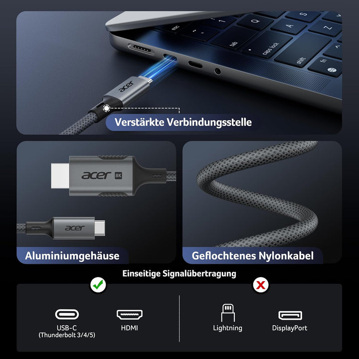 Acer USB C auf HDMI 2.1 Kabel 8K@60Hz 2m, 4K@240/144/120Hz Typ-c Thunderbolt 3/4/5 zu HDMI Adapter k