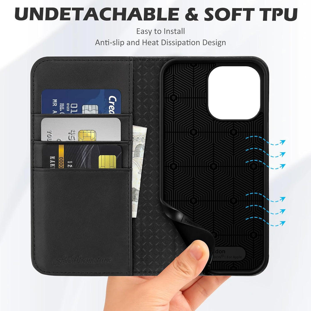 SHIELDON Hülle für iPhone 14 Pro Max Handyhülle TPU [Echtleder] [Kartenfach] [Magnet] Standfunktion