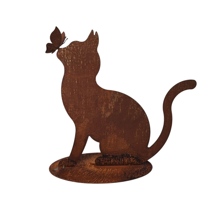 Bornhöft Gartendeko Gartenstecker Katze mit Schmetterling, Edelrost Rost-Optik Metallfigur, Gartensk