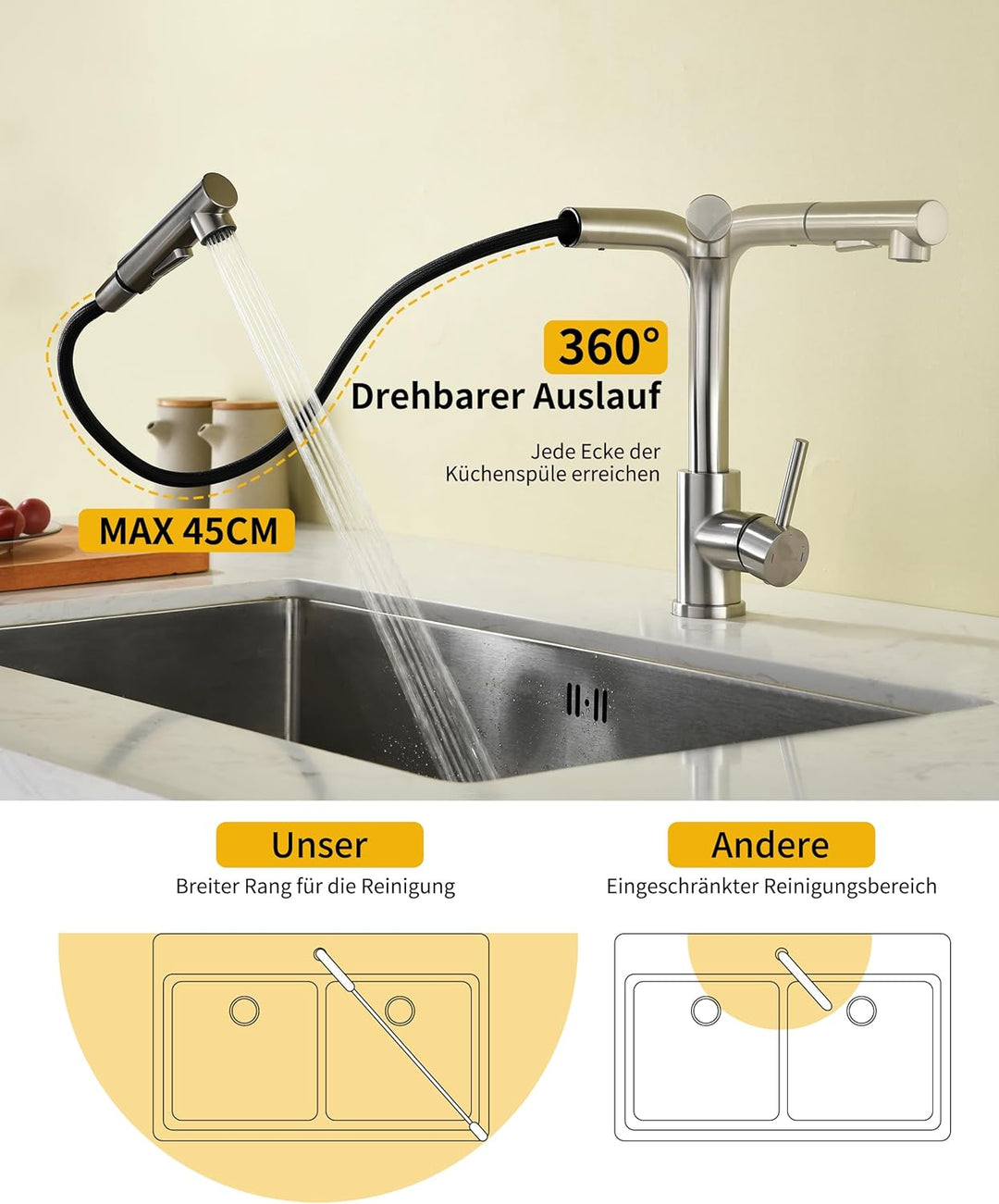 Wasserhahn Küche,Küchenarmatur Ausziehbar mit Hochdruck,Spültischarmatur Küche mit Brause Zwei Wasse