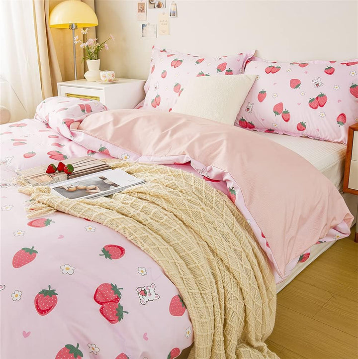 Koudi Kinderbettwäsche 100x135 Mädchen Rosa Altrosa Kinder Wendebettwäsche Set Süss Erdbeere Hase Mo