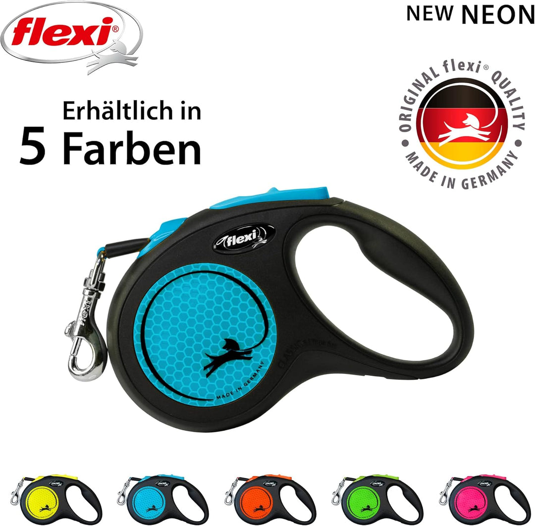 flexi® Neon S Gurt 5 m schwarz, neon-Blauer Gurt, reflektierende Seitenfläche, Roll-Leine für Hunde