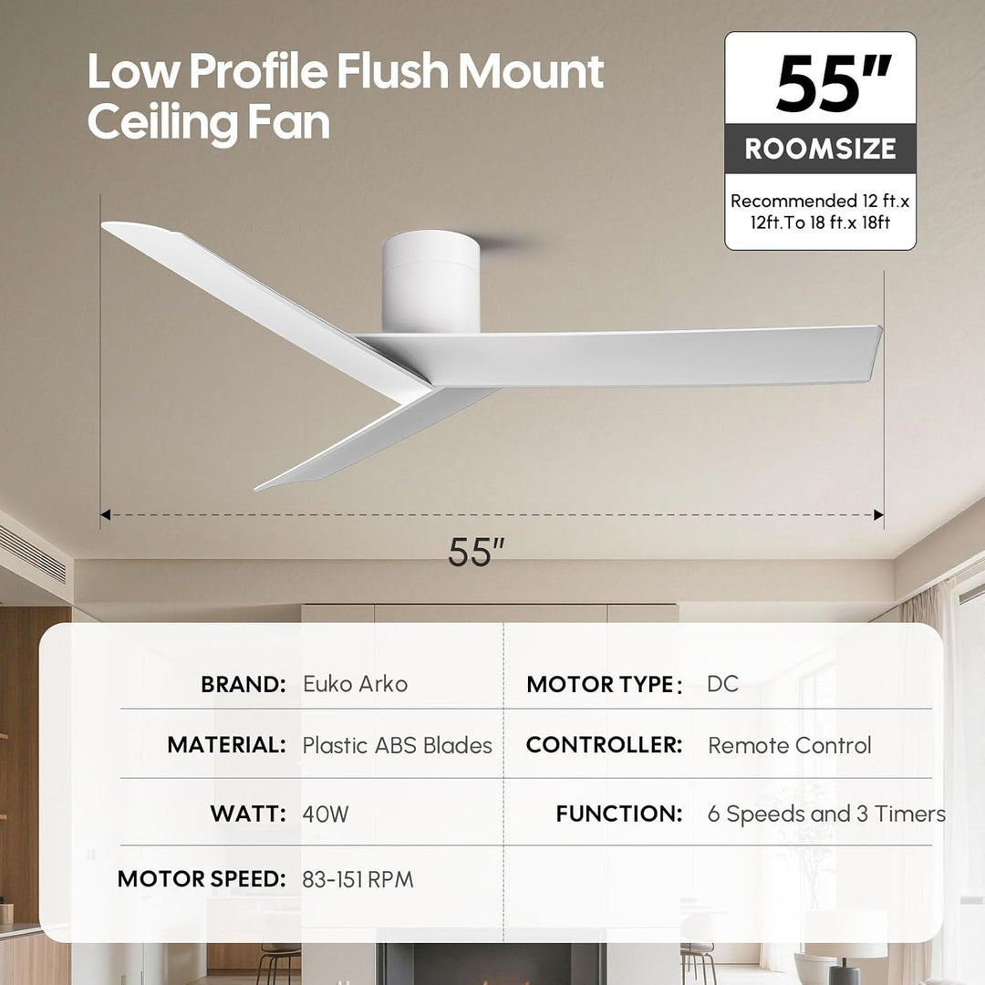 Deckenventilator ohne Licht 140 cm (55 Zoll) Mattweiss | Flacher deckenbündiger DC-Motor leise (Somm