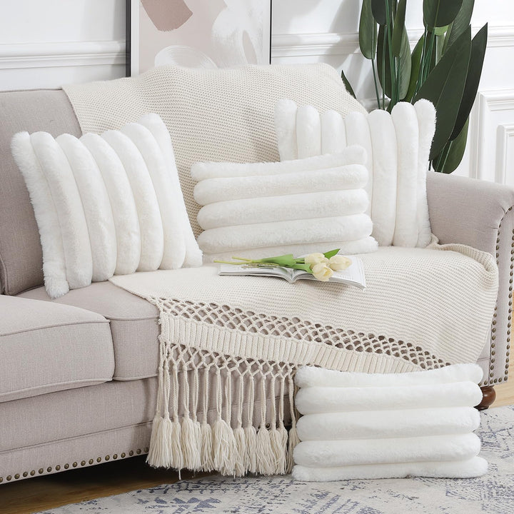 Madizz 2er Set Plüsch Samt Dekorative Kissenbezüge Flauschig Gestreifte Weich Kissenbezug für Sofa S
