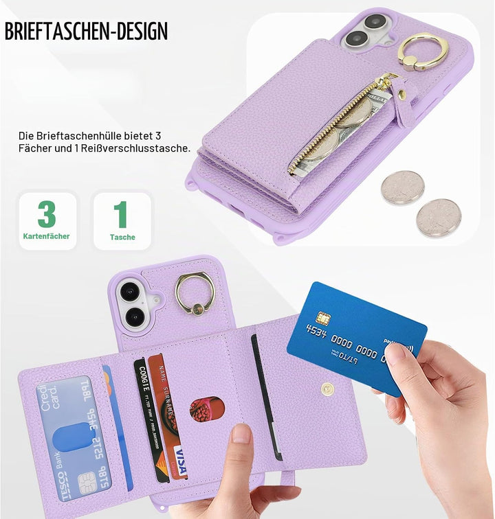 ELTEKER Handyhülle für iPhone 17 Hülle mit Band, Kartenfach Ringhalterung Reissverschluss Geldbörse,