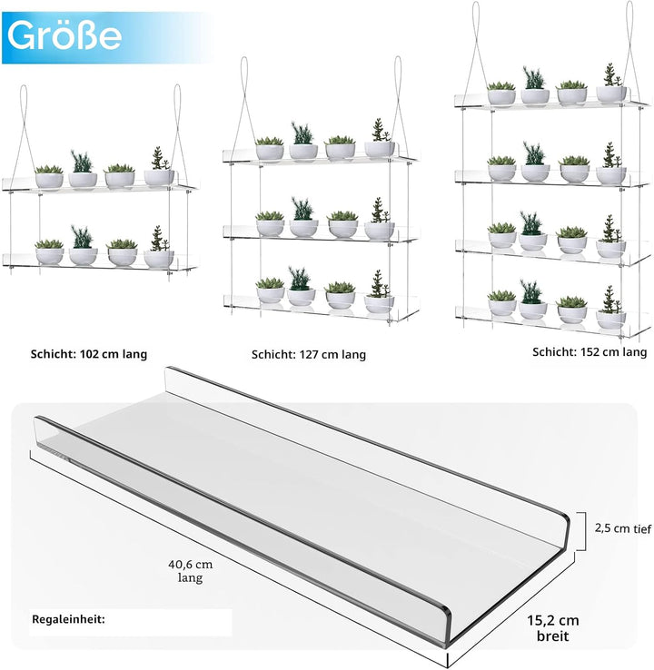 ZerzSemp Hängende Acryl-Pflanzenregale für Fenster, höhenverstellbar, transparent, hängende Innenfen