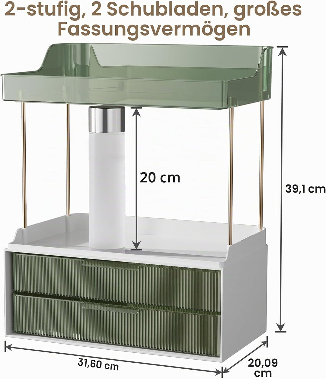 Delamu Make Up Organizer mit 2 Schubladen, 2 Etagen Kosmetik Organizer, Multifunktions Grösser Kosme