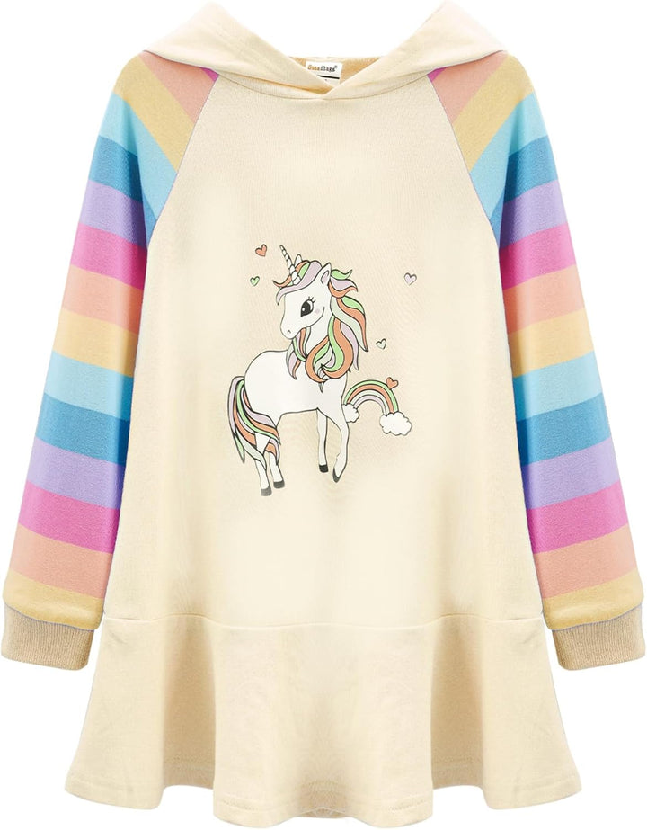TiaoBug Mädchen Kapuzenpullover Langarm Sweatkleid mit Kapuze Einhörner Aufdruck Hoodie Cartoon Top
