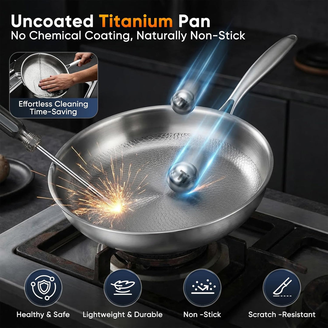 Titan Pfanne mit Deckel, 30cm Titanpfanne für Non-Stick, Titanium Pan Antihaftbeschichtet TitanSpate