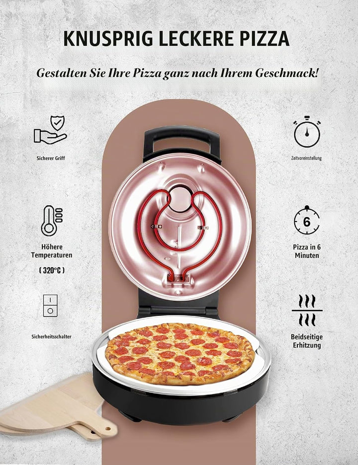 Bestron Pizzaofen für knusprige Pizzen in 5-10 Minuten, elektischer Pizzaofen mit bis zu echten 320°