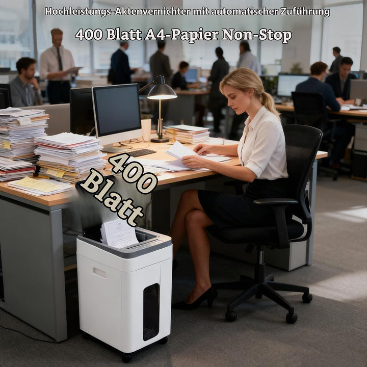 Aktenvernichter Papierschredder Paper Shredder: 400-Blatt Auto-Feed P5 Mikroschnitt Partikelschnitt