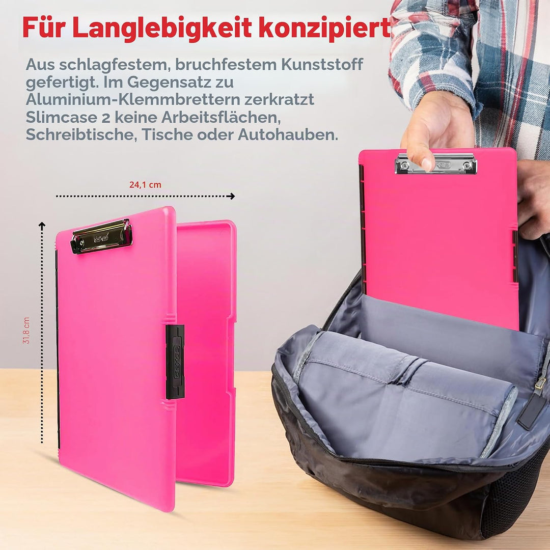 Dexas Slimcase 2, Kunststoff-Klemmbrett mit Aufbewahrung und seitlicher Öffnung, Neonrosa, Bürobedar