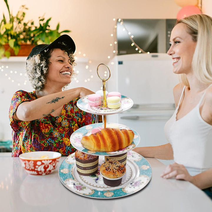 fanquare 3 Stufig Porzellan Tortenständer, Blau Blumen Vintage Cupcake Ständer, Anzeigeturm Tablett