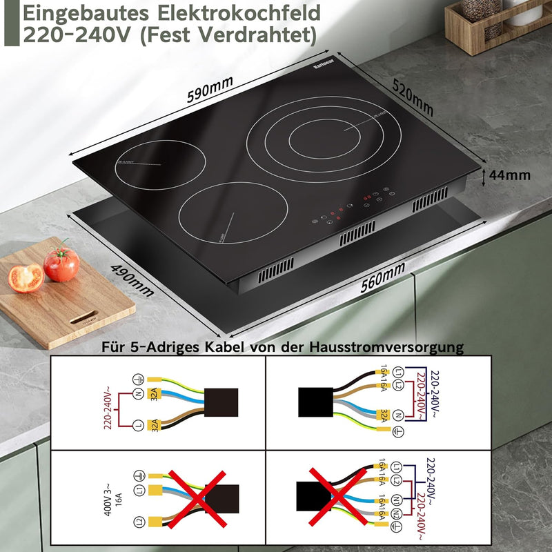 Karinear Eingebautes 60-cm-Keramikkochfeld, 3-Zonen-Elektrokochfeld mit Touch-Steuerung, Kindersiche