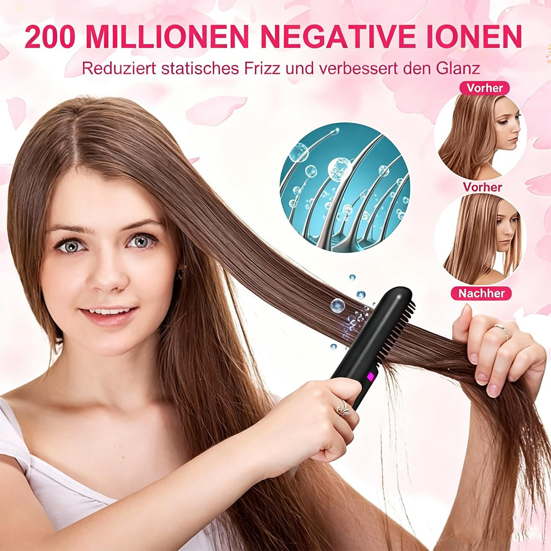 Kabellose Glättbürste, MCH Keramikheizung Negative Ionen Mini Glätteisen | 4 Temp Einstellungen, Haa