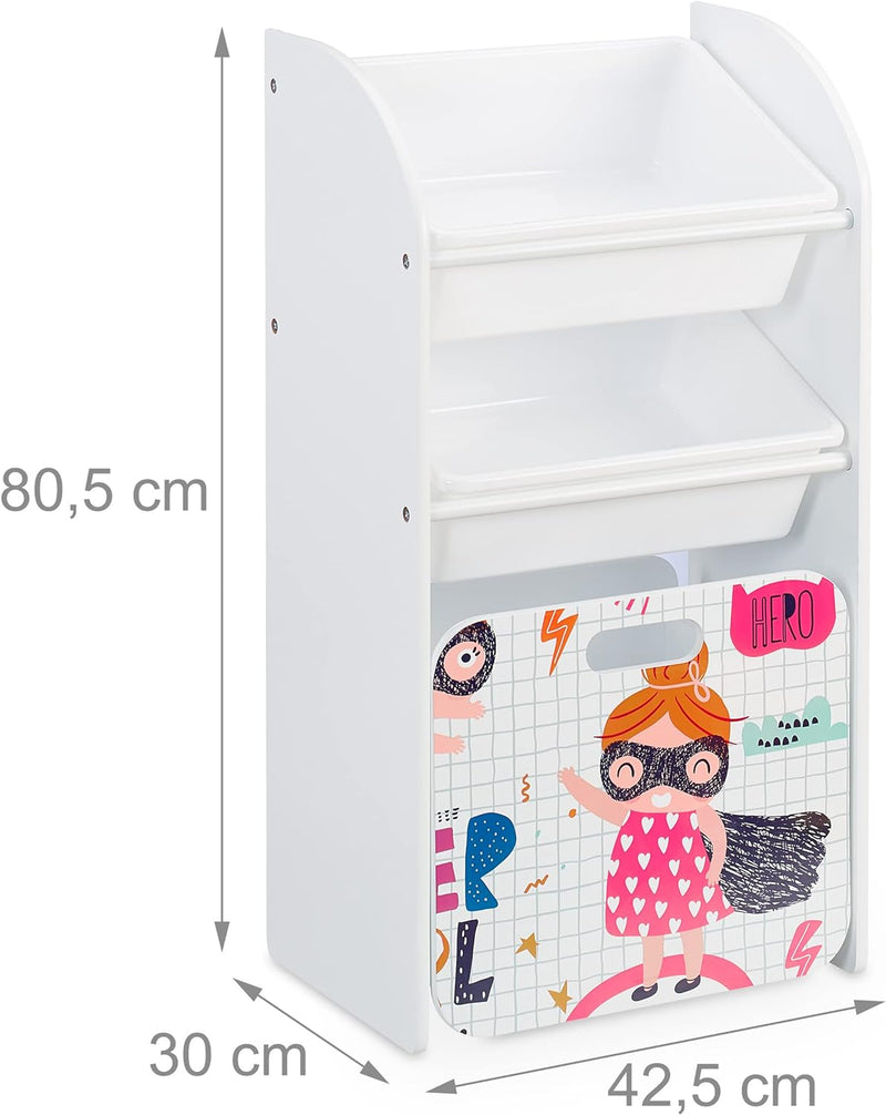 Relaxdays Kinderregal mit 3 Boxen, Heldin-Motiv, Kiste mit Rollen, HBT: 80,5x42,5x30 cm, schmales Sp