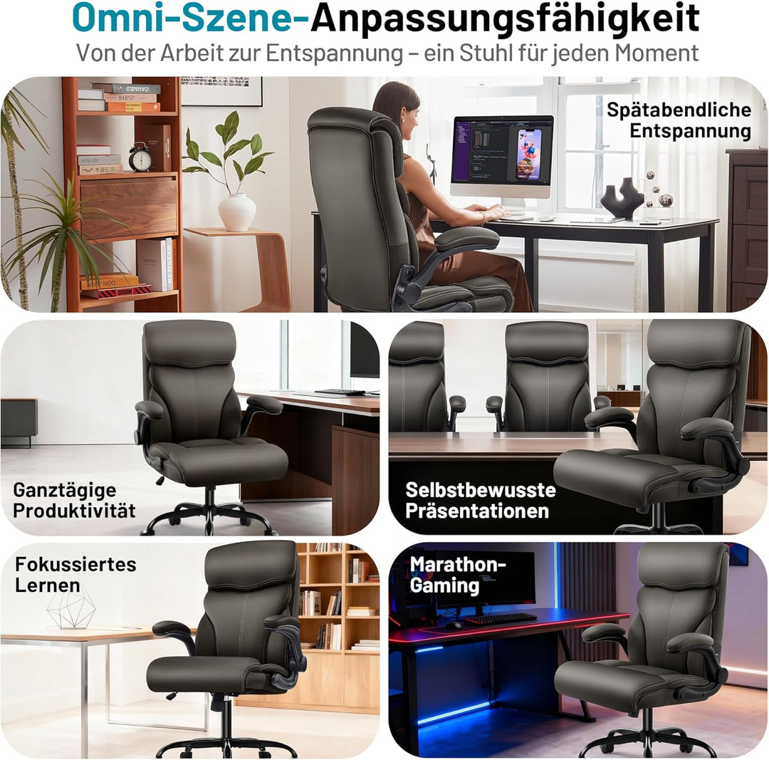 Chefsessel aus PU-Kunstleder, Bürostuhl Ergonomisch mit Verstellbaren Armlehnen und Hoher Rückenlehn