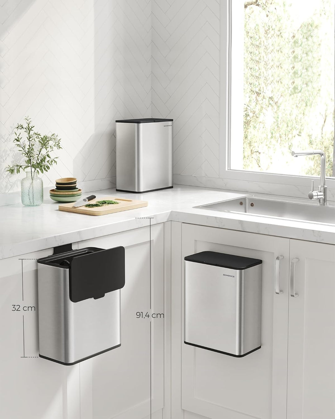 SONGMICS Mülleimer hängend, 8 L Komposteimer Küche, Stahl-Abfalleimer mit Deckel für Biomüll, mit Ha