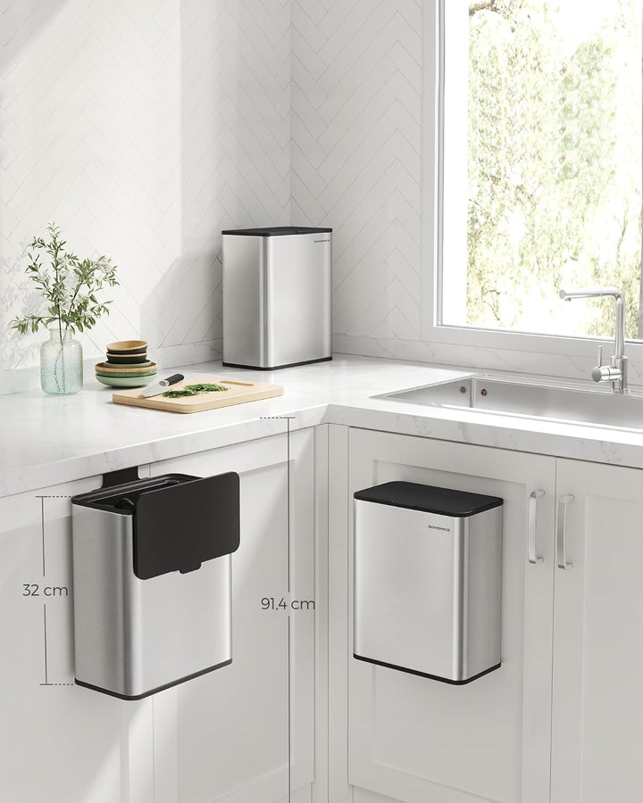 SONGMICS Mülleimer hängend, 8 L Komposteimer Küche, Stahl-Abfalleimer mit Deckel für Biomüll, mit Ha