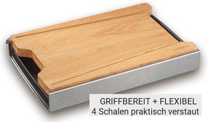 Schneidbox Eiche - Schneidebrett Mit 4 Auffangschalen Im Edelstahlkasten Inkl. Wechselbrett - Patent