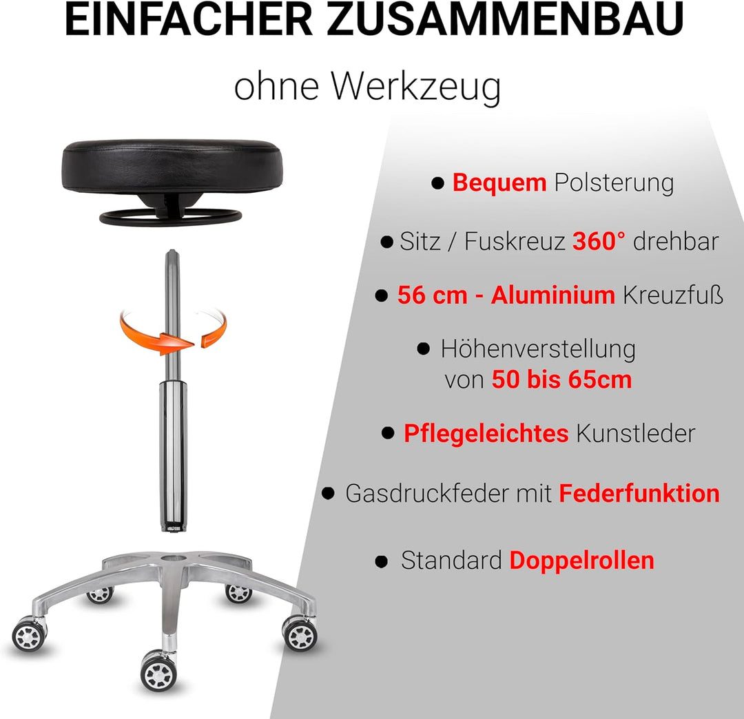 Staboos Rollhocker bis 160 kg - Rundsitz mit Ringauslösung - Drehhocker Praxishocker höhenverstellba